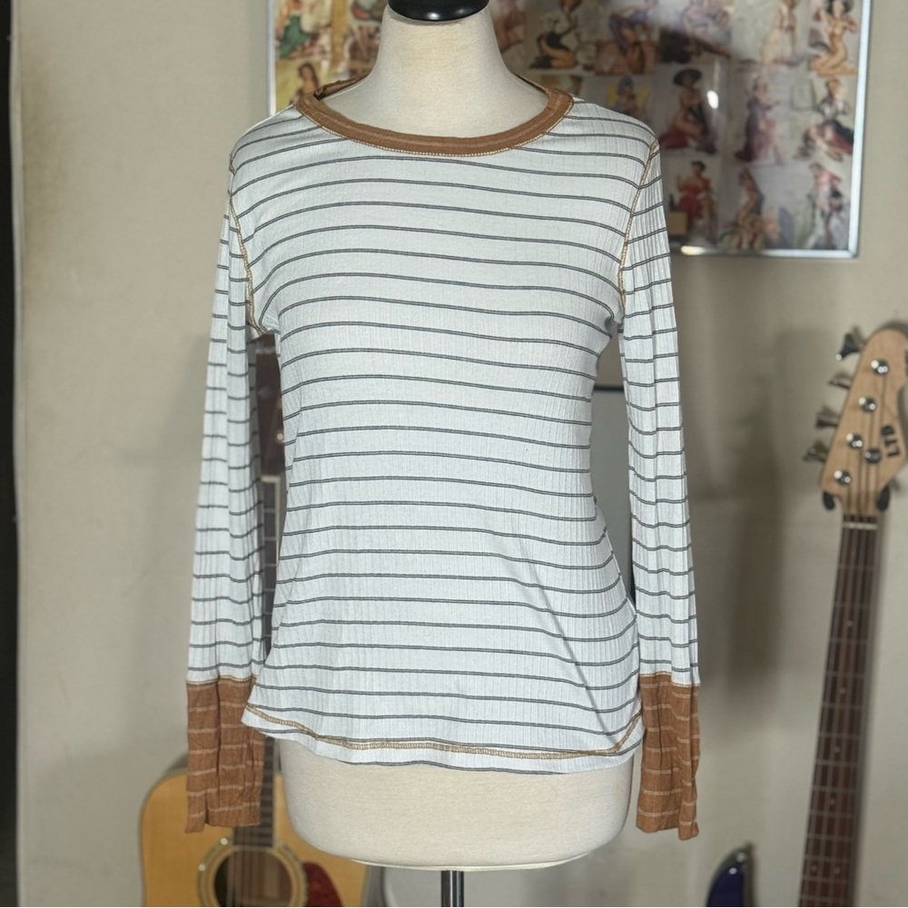 Ces Femme Ultra Soft Ribbed White and Brown Striped Top